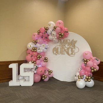 The Crafty Touch - Quincenera Balloon garland on 7ft white circle wood wall - Balloon Services Near Me The Crafty Touch - Quincenera Balloon garland on 7ft white circle wood wall - Balloon Services Near Me
