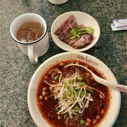 Sichuan Hot & Sour Noodles, mung bean drink