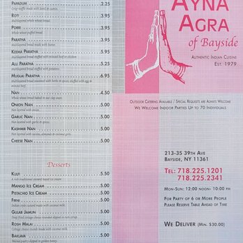 Ayna Agra Indian Restaurant - Menu 4/4, May 2022 - Indian Near Me - Bayside, New York