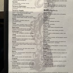 Vegetarian roll section of the menu