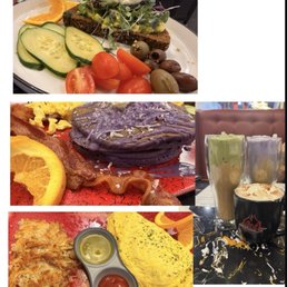 Tartine, Ube pancakes, scrambled eggs w/ Bacon, house omelette, iced ube creme, iced Pandan Tartine, Ube pancakes, scrambled eggs w/ Bacon, house omelette, iced ube creme, iced Pandan