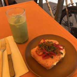 Lox bagel and iced matcha