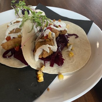 Diverge - Haddock Tacos, spicy cabbage, roasted corn salsa, cilantro crema - New American Near Me - Dover, New Hampshire