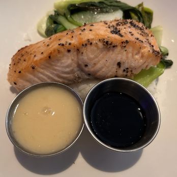 Spaghettini - Caramelized salmon, bok choy, jasmine rice and soy grand marnier sauce plus lemongrass butter. - Italian Near Me - Seal Beach, California