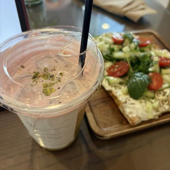 Habibi's - Labneh flatbread and strawberry pistachio latte - Cafes Near Me - Fullerton, California