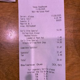 Our bill proving the low priced meals.