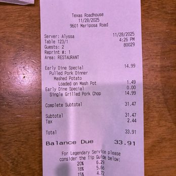 Texas Roadhouse - Our bill proving the low priced meals. - Steakhouses Near Me - Hesperia, California Texas Roadhouse - Our bill proving the low priced meals. - Steakhouses Near Me - Hesperia, California