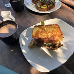 Masala chai, Harissa Chicken Sandwich, Avocado Toast Masala chai, Harissa Chicken Sandwich, Avocado Toast