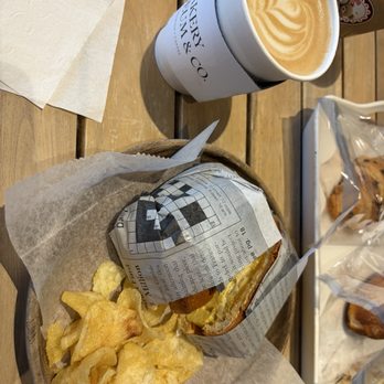 Bakery Museum & Co - Hash egg breakfast sandwich with coffee latte with oat milk - Cafes Near Me - Fairfax, Virginia