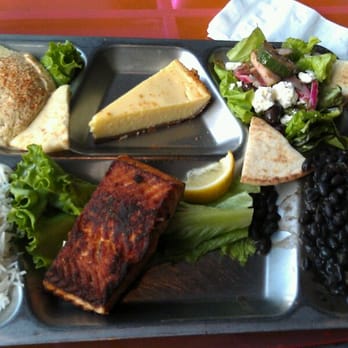 Big Pink - Tv dinner...salmon, rice, black beans,humus, salad, and cheese cake - Pizza Near Me - Miami Beach, Florida