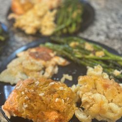 Passion Plates Catering - Crab stuffed salmon. Creamy Scalloped potatoes with lump crab meat. Balsamic glazed Asparagus with Almonds. Cheesy baked Mac & Cheese