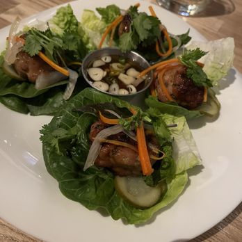 Bacchus Bar & Bistro - Lemongrass x Ginger Chicken Meatballs Butter Lettuce, Cilantro, Mint, Thai Basil, Pickled Cucumber, Nuoc Cham $16 - Cocktail Bars Near Me - Irvine, California