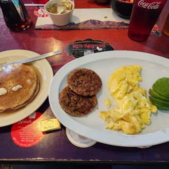 Ranch House Grille - Silver Dollar Pancakes, Turkey Sausage Patties, Scrambled Eggs and Sliced Avocado - American Near Me - Phoenix, Arizona Ranch House Grille - Silver Dollar Pancakes, Turkey Sausage Patties, Scrambled Eggs and Sliced Avocado - American Near Me - Phoenix, Arizona