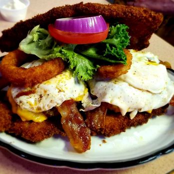 Top Fuel Saloon - ' The Patriot '  : hangover burger  between  the pork tenderloin w/ onion rings and lettuce tomato onion - Bars Near Me - Braidwood, Illinois