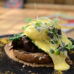 District Brewer - Mr Benedict - poached eggs with ox cheek, miso babaghanoush, curry Hollandaise AUD18