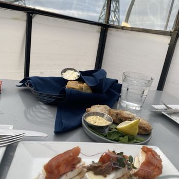 Bridgewater Bistro - Outdoor booth, salmon appetizer, pan fried oysters - New American Near Me - Astoria, Oregon