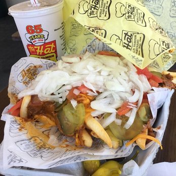 The Hat - $6.89 chili cheese fries with pickles, onions and tomatoes. (Big enough for at least 4 or more) And an Horchata. Soo goood! - Sandwiches Near Me - Alhambra, California