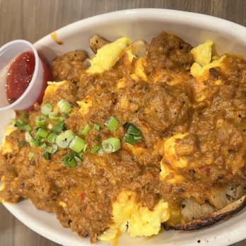 Double Nickel - Scrambled eggs, potatoes and chorizo gravy - Breakfast & Brunch Near Me - Cleveland, Ohio Double Nickel - Scrambled eggs, potatoes and chorizo gravy - Breakfast & Brunch Near Me - Cleveland, Ohio