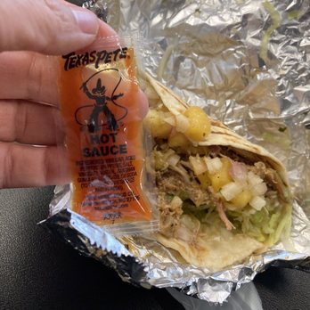 The Original El Taco - Texas Pete Hot Sauce served, instead of taco sauce - Mexican Near Me - Atlanta, Georgia