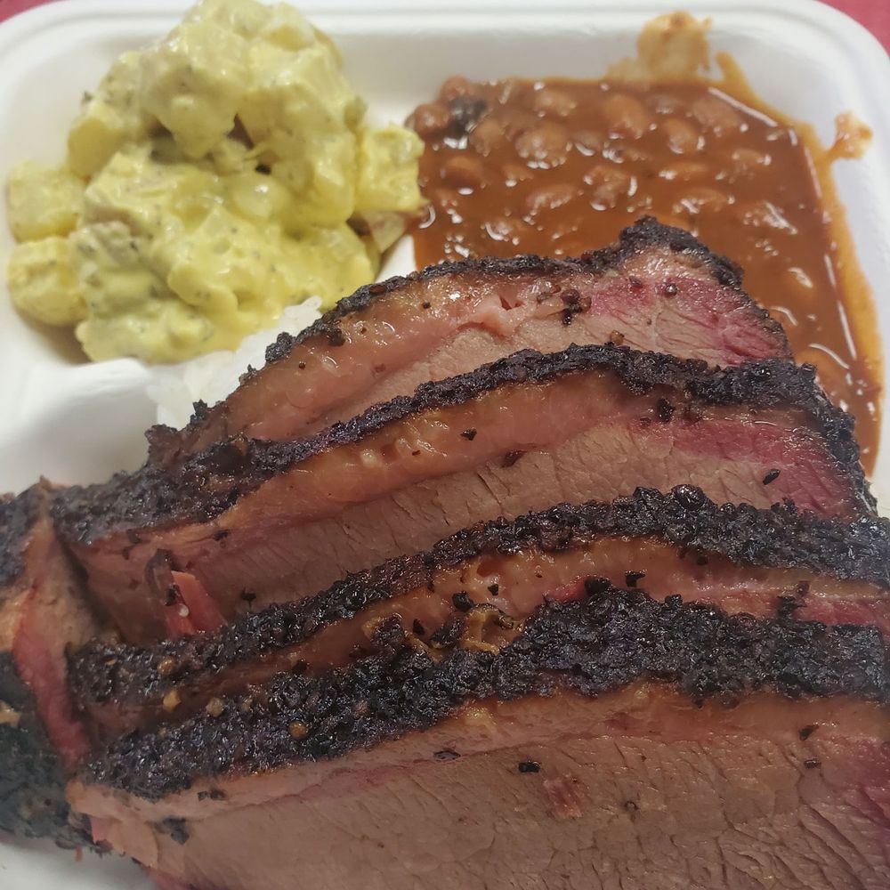 Sunset Texas Barbecue - Brisket Plate with Potato salad and beans - Barbeque Near Me - Honolulu, Hawaii Sunset Texas Barbecue - Brisket Plate with Potato salad and beans - Barbeque Near Me - Honolulu, Hawaii