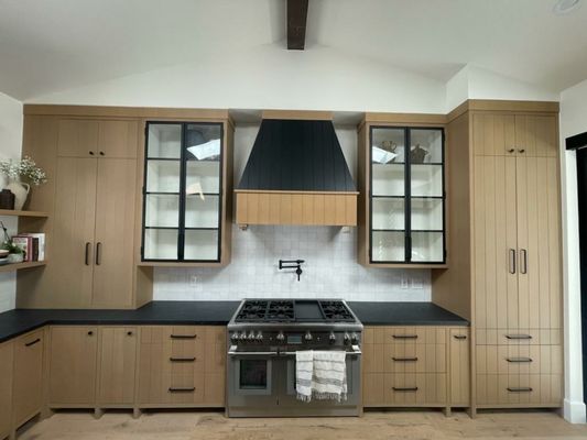 Kitchen Corre Brentwood Pacific Palisades custom whole house remodel in rift white oak solids and veneers with custom door and drawers. - A whole house remodel with a new custom rift white oak kitchen and Island, custom mudroom, custom vanities, custom media, custom pantry, custom vanities, custom makeup vanity, custom closet, custom fireplace mantel and built-in bookcases, custom buffercustom bench front and custom floating shelves.
