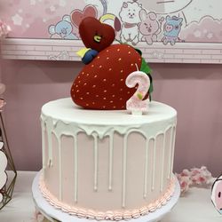 Sugar Mamas Cakes And Bakery - Vanilla cake with strawberry mousse filling and extra fresh strawberries (BT21 Ta-ta character-themed cake; serves 30-40)