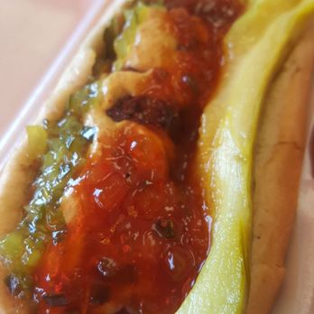 Ted's Hot Dogs - Relish, spicy mustard, hot sauce, pickle on a Polish sausage....mmmmmm - Hot Dogs Near Me - Tempe, Arizona