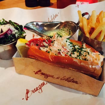Burger and Lobster - The lobster roll, comes with side salad, fries and a yum butter garnish for dipping/drinking....whatev. - American Near Me - London, XGL Burger and Lobster - The lobster roll, comes with side salad, fries and a yum butter garnish for dipping/drinking....whatev. - American Near Me - London, XGL