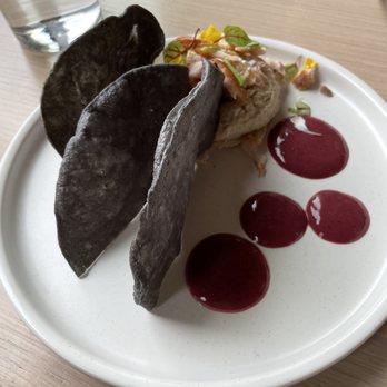 Owamni - Red Cliff Lake Trout + White Bean spread: Tepary Bean, Smoked Lake Superior Trout, Wojape (berry sauce), Fresh Tostada - New American Near Me - Minneapolis, Minnesota