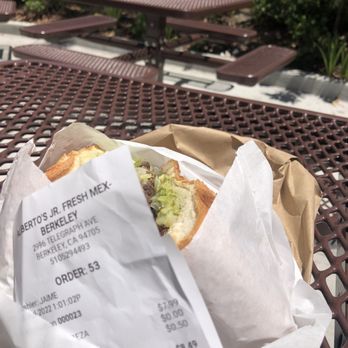 Aliberto’s Jr. Mexican Food - Cabeza torta (7.99) dining outside - Mexican Near Me - Berkeley, California
