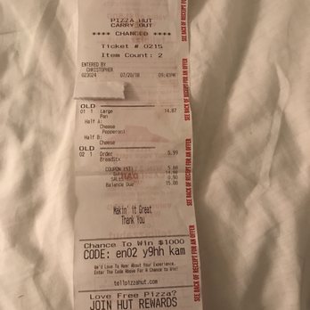 Pizza Hut - the receipt for the pizza - Pizza Near Me - Hummelstown, Pennsylvania Pizza Hut - the receipt for the pizza - Pizza Near Me - Hummelstown, Pennsylvania