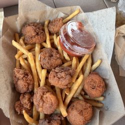 Shrimp basket with fries and hushpuppies