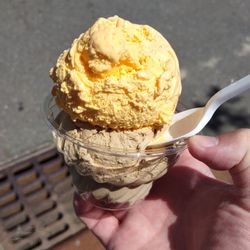 Summer Ville Homemade Ice Cream Parlor - 2 scoops: mango on top of salted caramel
