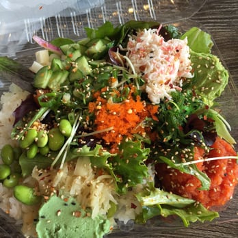 Ahipoki - half salad/white rice with spicy tuna and salmon. all toppings and sesame seeds - Seafood Near Me - Temple City, California
