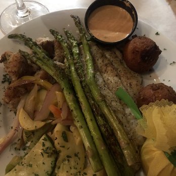 The Catch - 2 Choice Seafood Selection - Grilled Catfish, Grilled Gator Tail (which comes with hush puppies). Sides of sautéed veggies and asparagus. - Seafood Near Me - Albany, Georgia