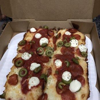 Blue Pan Pizza - Detroit style Gluten Free pizza with Pepperoni (original casing) Italian Green Olives Ricotta Dollops (A MUST!!!) - Pizza Near Me - Denver, Colorado Blue Pan Pizza - Detroit style Gluten Free pizza with Pepperoni (original casing) Italian Green Olives Ricotta Dollops (A MUST!!!) - Pizza Near Me - Denver, Colorado