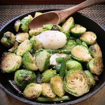 Momokawa - Charred Brussels sprouts & green beans with truffle soy and poached egg. - Japanese Near Me - New York, New York