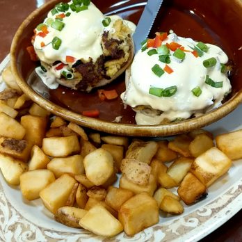 Another Broken Egg Cafe - Brunch menu Crab Cake Benedict with potatoes! - Breakfast & Brunch Near Me - Pearland, Texas