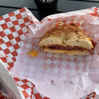 Bagel Bob's - Pastrami, egg & cheese on Garlic bagel - Delis Near Me - Houston, Texas Bagel Bob's - Pastrami, egg & cheese on Garlic bagel - Delis Near Me - Houston, Texas
