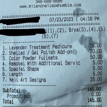Milano Nail Spa Humble - Receipt for Nail services - Nail Salons Near Me - Humble, Texas Milano Nail Spa Humble - Receipt for Nail services - Nail Salons Near Me - Humble, Texas