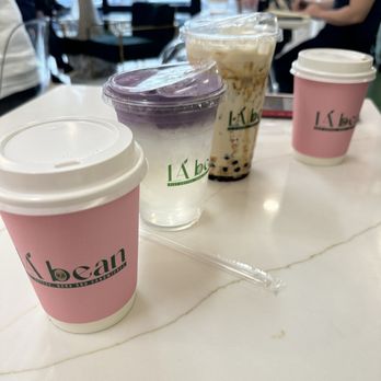 LA bean - Hot coffee, young coconut matcha subbed with ube for the kids, tigers kiss milk tea and a coco pandan dream hot coffee - Vietnamese Near Me - Bellevue, Washington