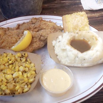 Dinosaur Bar-B-Que - Crispy Fried Catfish, Mashed Potato & Gravy with a side of Cajun Corn and Cornbread. - Barbeque Near Me - Brooklyn, New York Dinosaur Bar-B-Que - Crispy Fried Catfish, Mashed Potato & Gravy with a side of Cajun Corn and Cornbread. - Barbeque Near Me - Brooklyn, New York