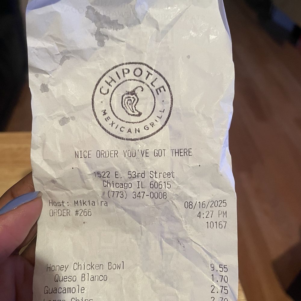 Receipt of my order and the name of the cashier Receipt of my order and the name of the cashier