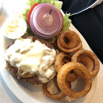 Route 30 Diner - 1/2lb. Mushroom Cheeseburger with Onion Rings (5/5 stars) - $15.95 - Breakfast & Brunch Near Me - Ronks, Pennsylvania