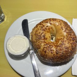 Pioneer Joe Coffee - Asiago bagel with cream cheese