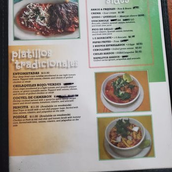 Cabanita Express - Menu - A menu page displays traditional Mexican dishes with prices, alongside two photographs of food, including a meat dish and a soup. - Mexican Near Me - Poughkeepsie, New York