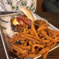 Boston Burger - Mac Attack Burger with Sweet Potato Fries