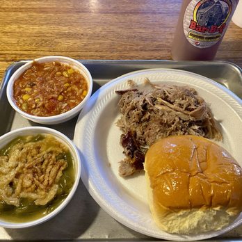 Rock Store Bar-B-Q - Pork plate with green bean casserole and Brunswick stew - Barbeque Near Me - Stallings, North Carolina Rock Store Bar-B-Q - Pork plate with green bean casserole and Brunswick stew - Barbeque Near Me - Stallings, North Carolina