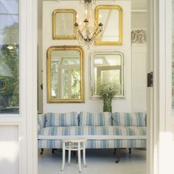 Red Ticking - Custom upholstered couch with French antique mirrors