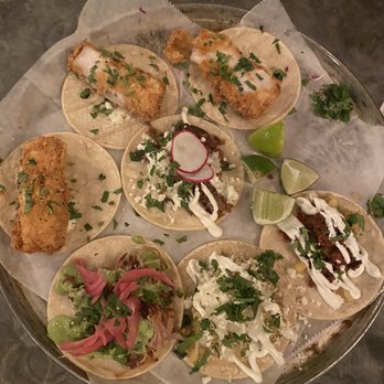Bakersfield Penn Ave - 3 fish tacos, 2 papas & chorizo (one was already eaten), 1 short rib, 1 carnitas, 1 pollo verde, - Cocktail Bars Near Me - Pittsburgh, Pennsylvania